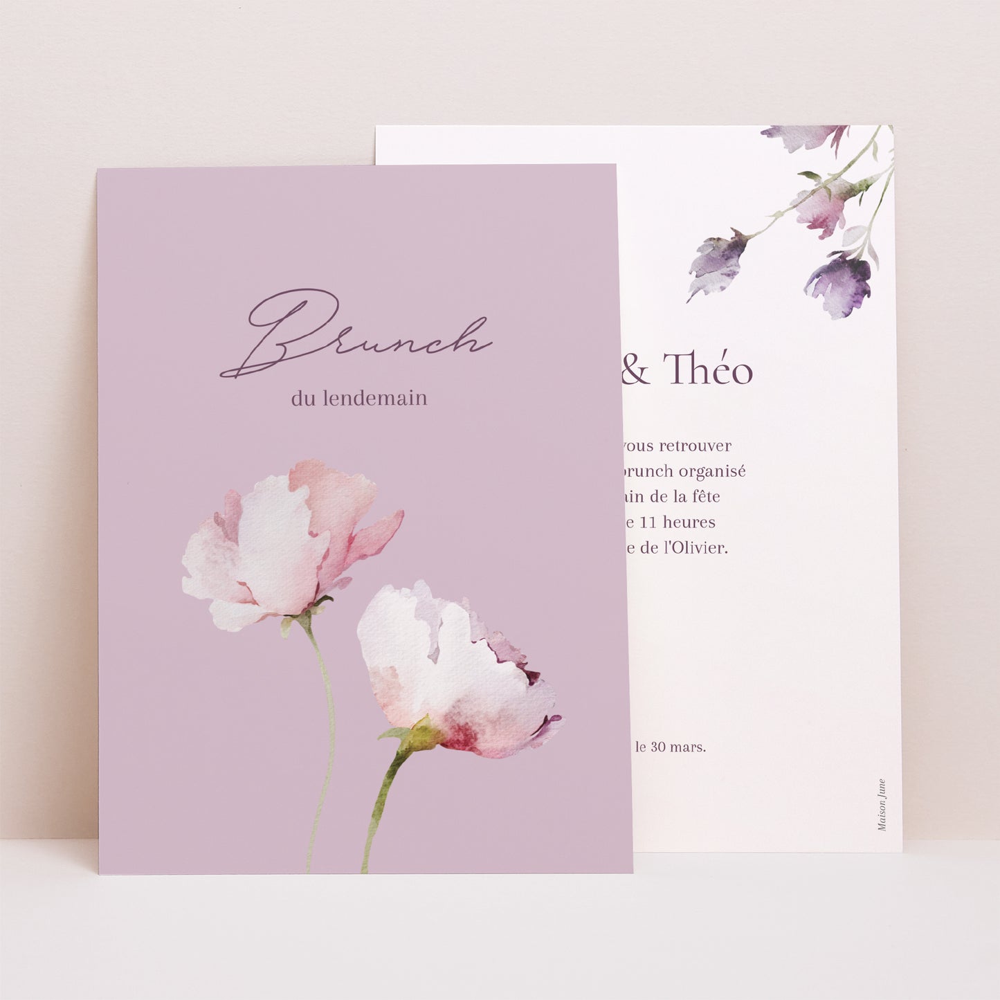 Invitations Mariage Portrait Romantic purple flowers photo N° 1