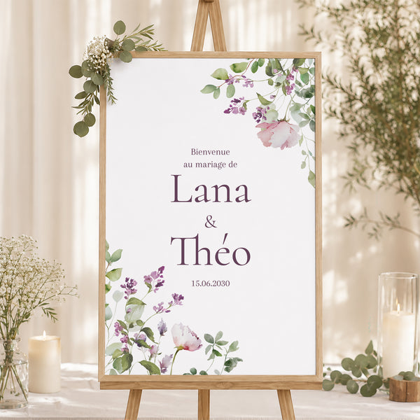 Panneau bienvenue Mariage Portrait 60 x 90 cm Romantic purple flowers photo