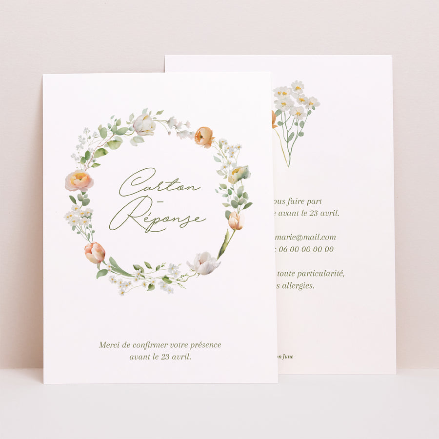 Carton réponse Mariage Portrait Couronne de fleurs romantiques photo