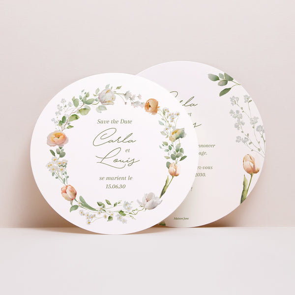 Save the date Mariage Rond Couronne de fleurs romantiques photo