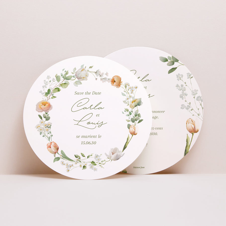 Save the date Mariage Rond Couronne de fleurs romantiques photo