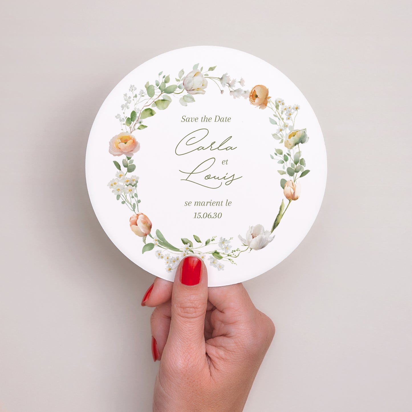 Save the date Mariage Rond Couronne de fleurs romantiques photo N° 2