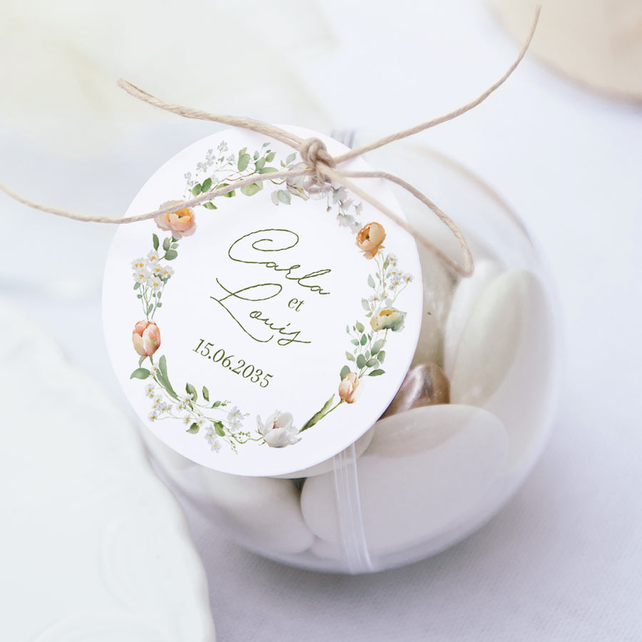 Boîte à dragées Mariage boule avec étiquette ronde Couronne de fleurs romantiques photo