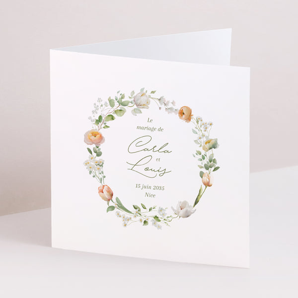 Faire-part Mariage Carré double volet Couronne de fleurs romantiques photo