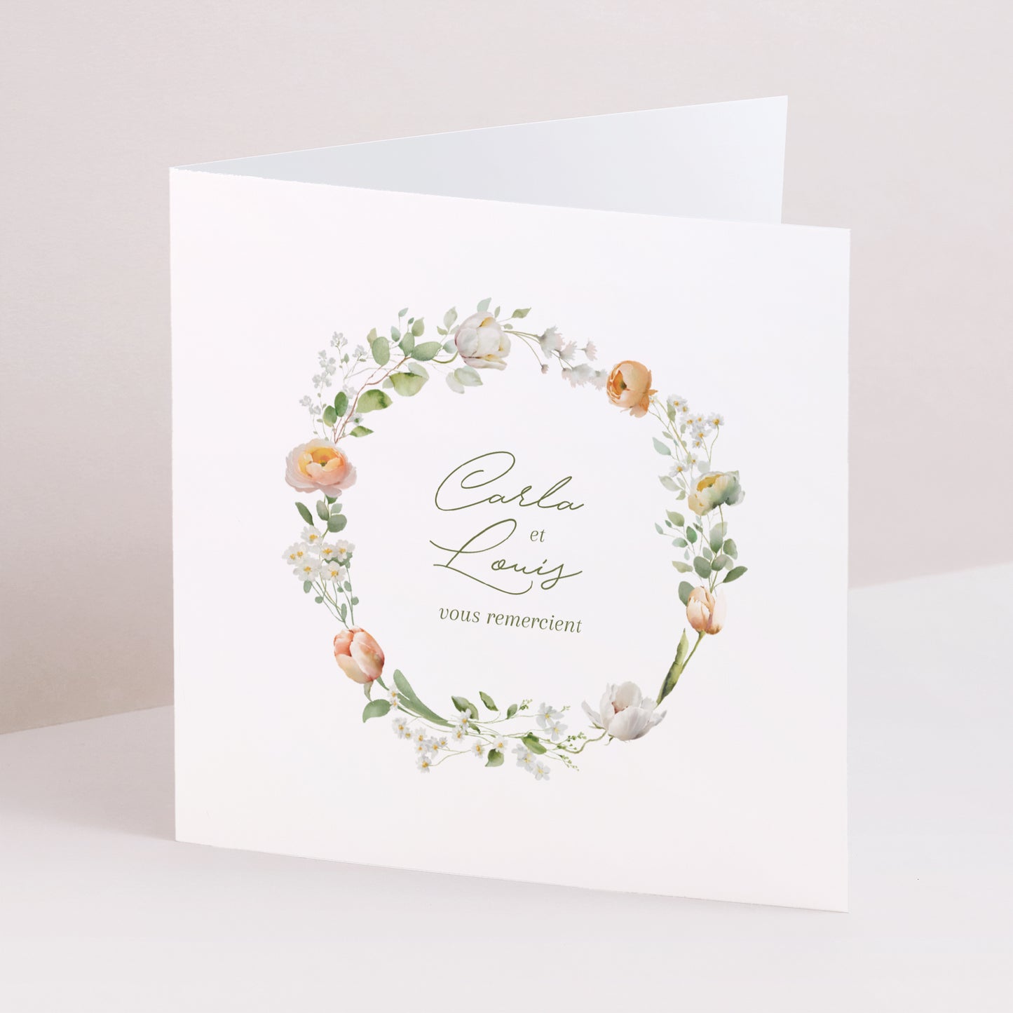 Remerciements Mariage Carré double volet Couronne de fleurs romantiques photo N° 1