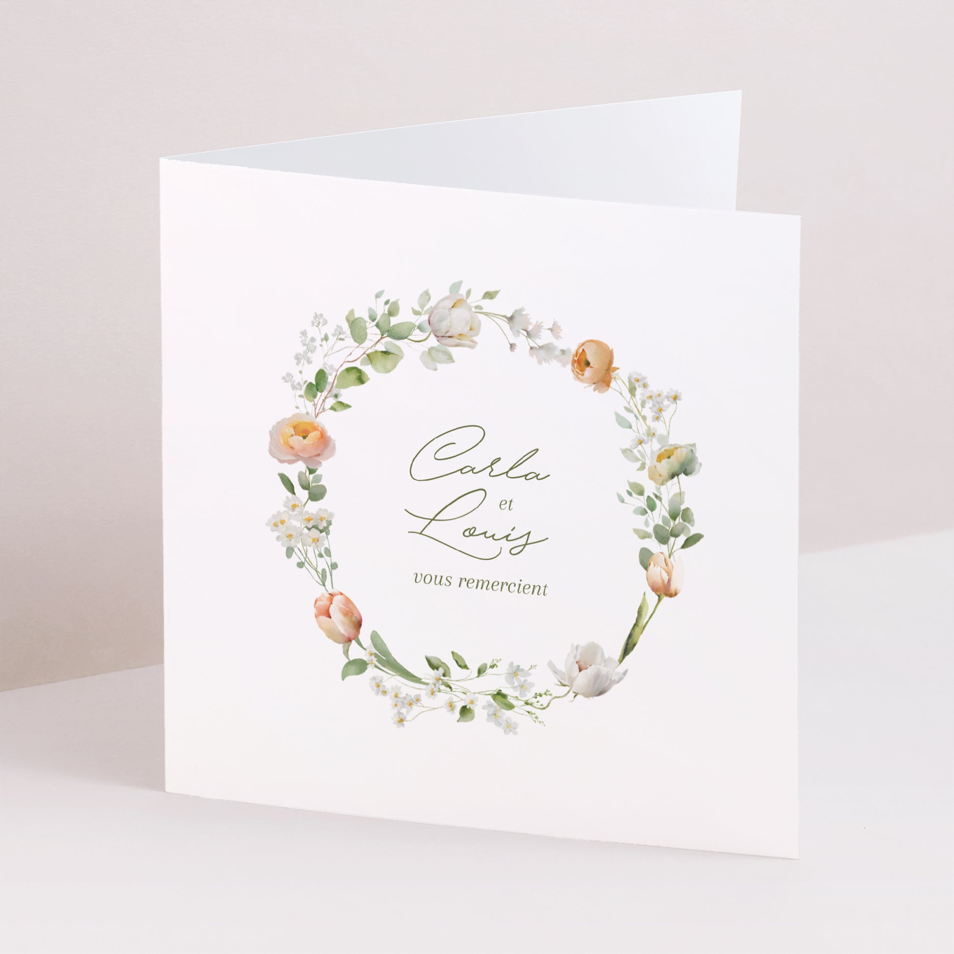 Remerciements Mariage Carré double volet Couronne de fleurs romantiques photo N° 1