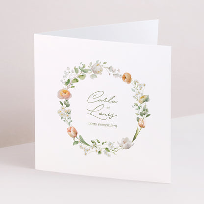 Remerciements Mariage Carré double volet Couronne de fleurs romantiques photo N° 1