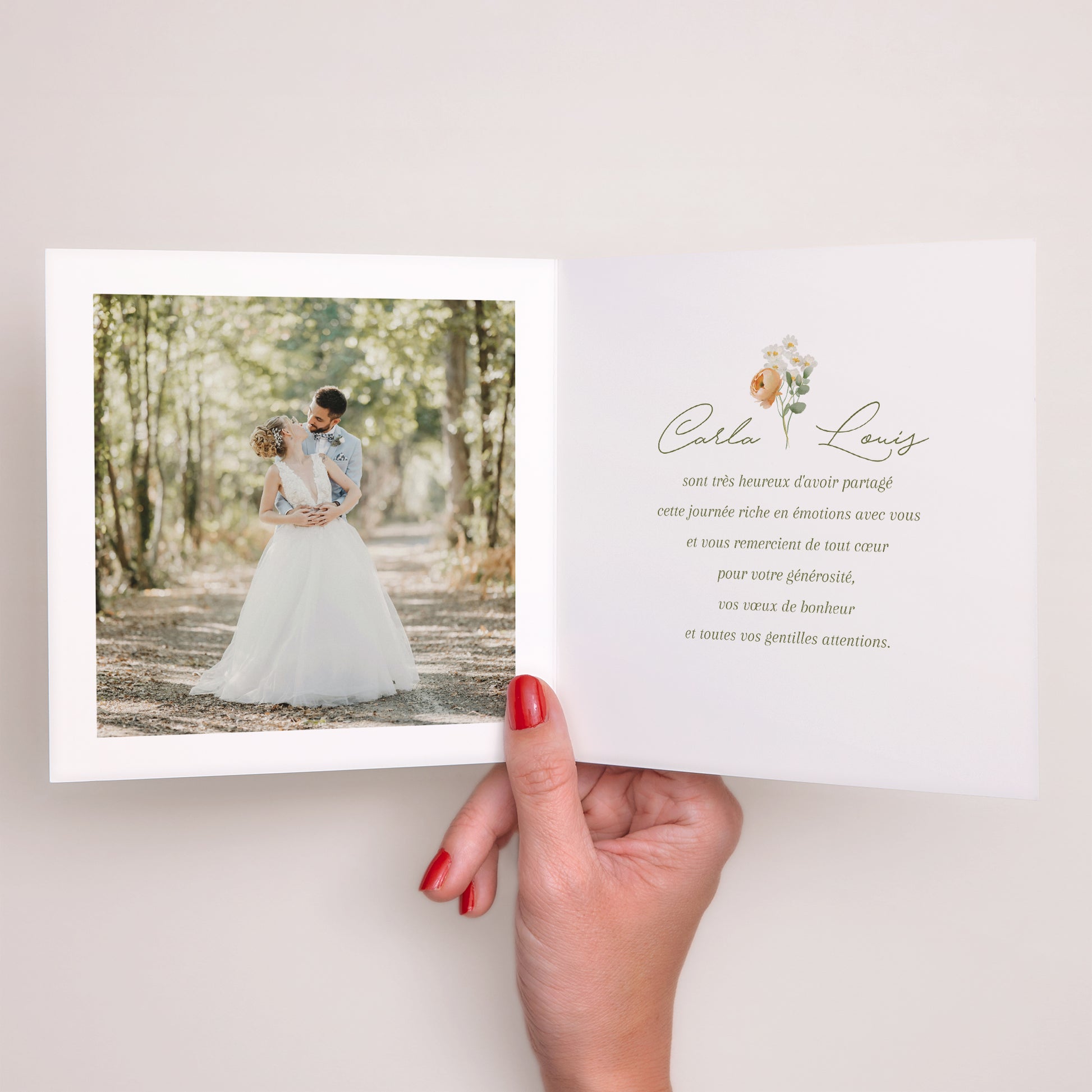 Remerciements Mariage Carré double volet Couronne de fleurs romantiques photo N° 2