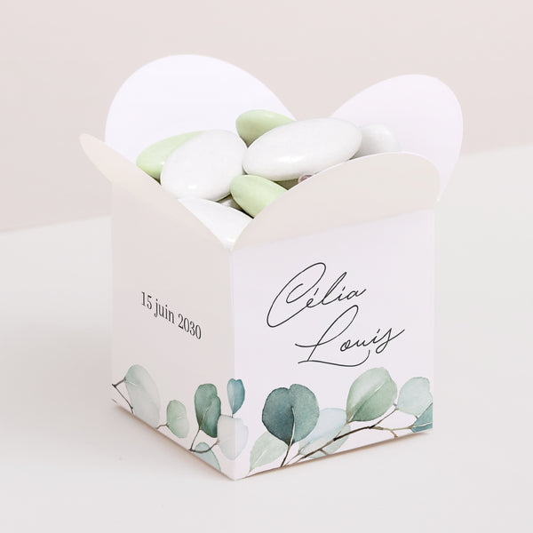 Boîte à dragées Mariage Ouverture papillon Feuilles d'Eucalyptus photo