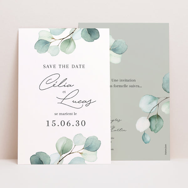 Save the date Mariage Portrait Feuilles d'Eucalyptus photo