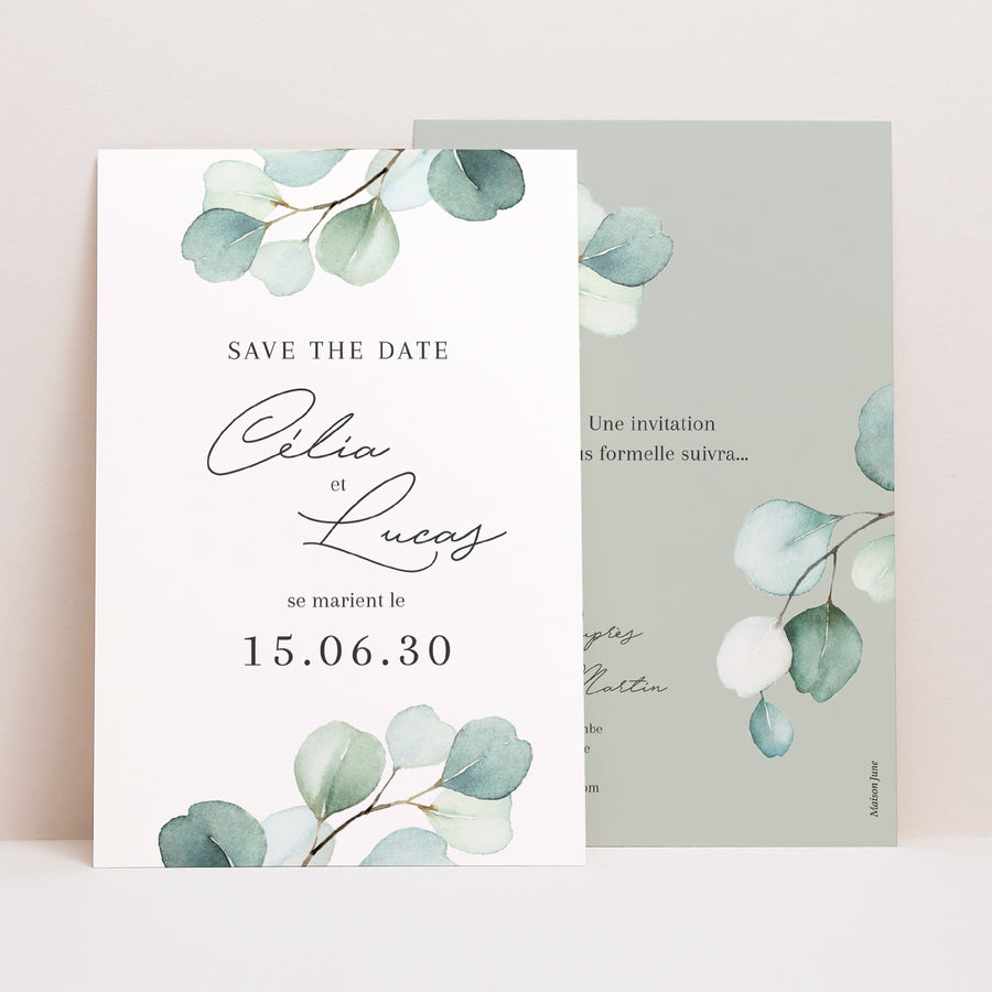 Save the date Mariage Portrait Feuilles d'eucalyptus photo