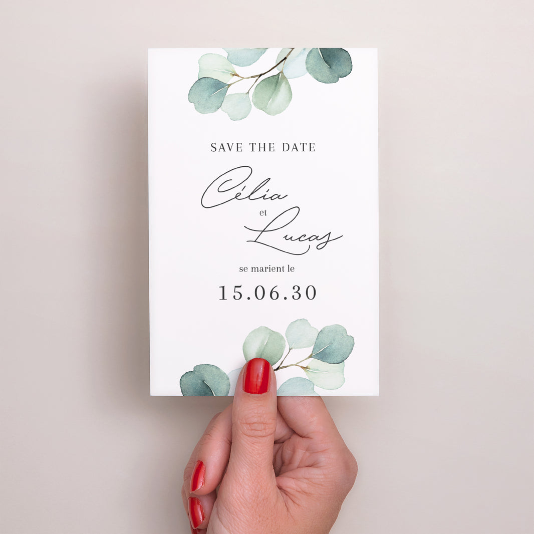 Save the date Mariage Portrait Feuilles d'eucalyptus photo N° 2