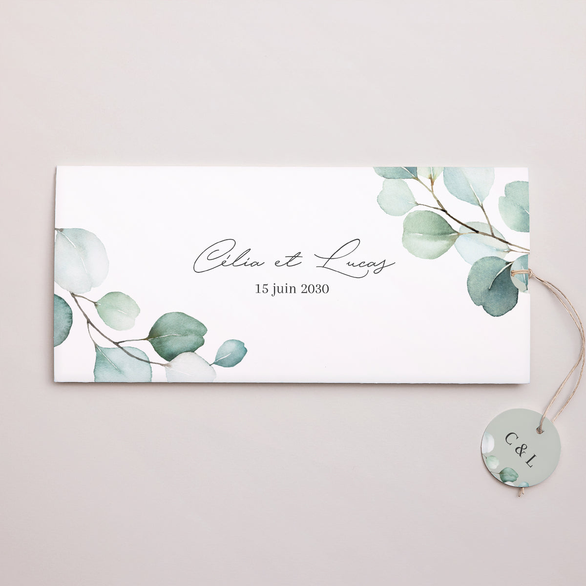 Faire-part Mariage Pochette 2 cartes, étiquette Feuilles d'Eucalyptus photo