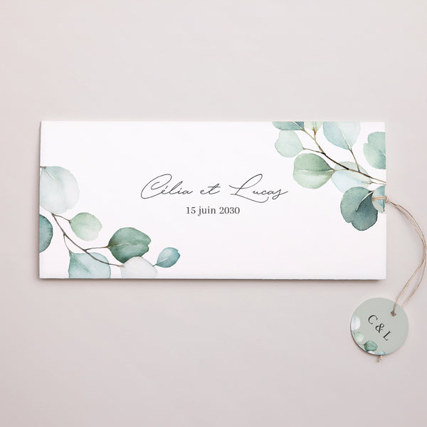 Faire-part Mariage Pochette 2 cartes, étiquette Feuilles d'Eucalyptus photo
