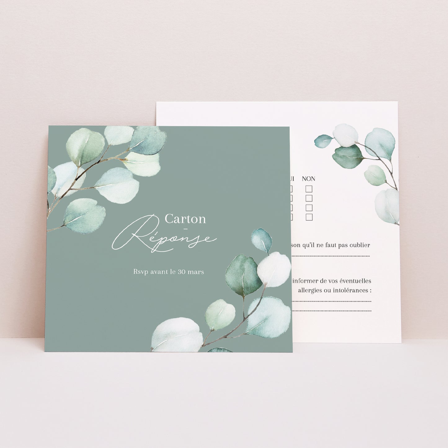 Carton réponse Mariage Carré Feuilles d'eucalyptus photo N° 1