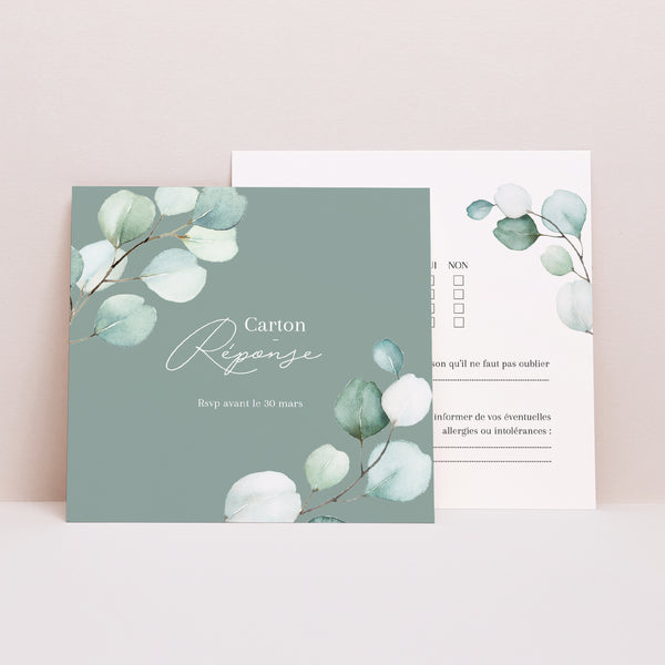 Carton réponse Mariage Carré Feuilles d'Eucalyptus photo