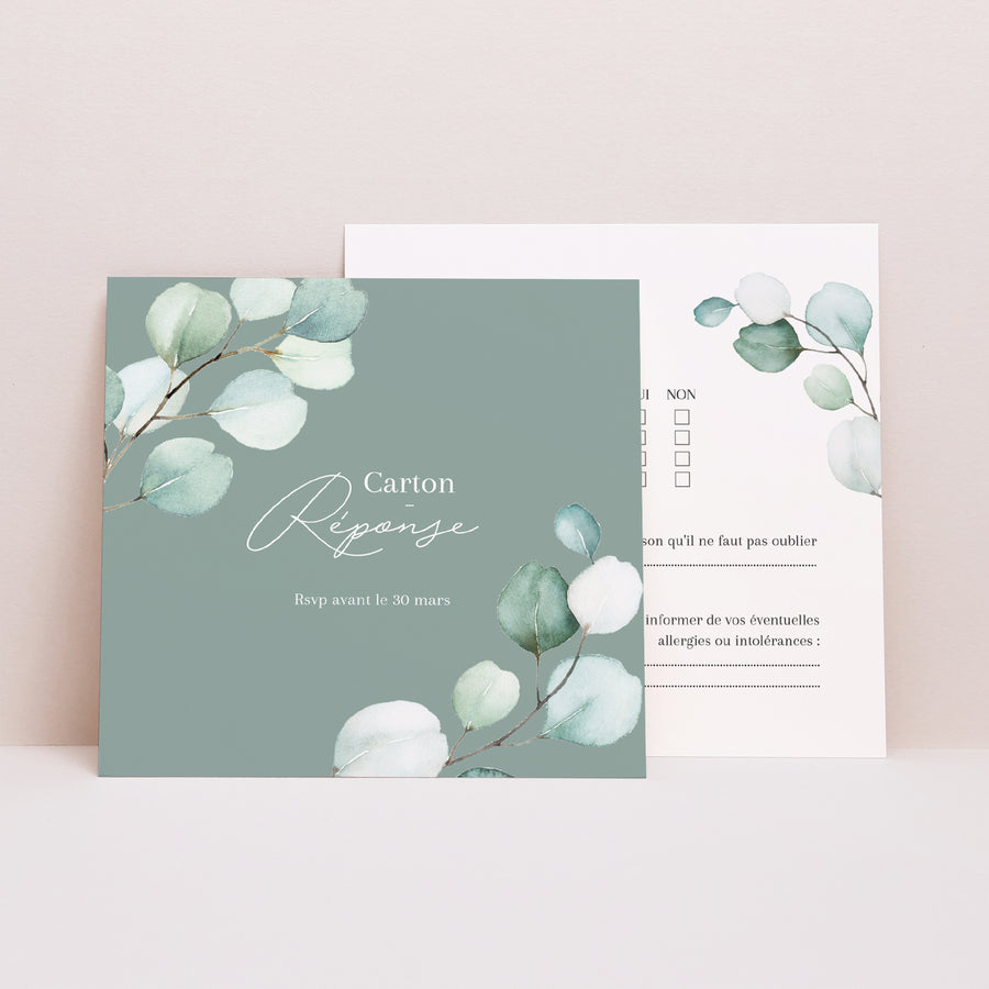 Carton réponse Mariage Carré Feuilles d'eucalyptus photo