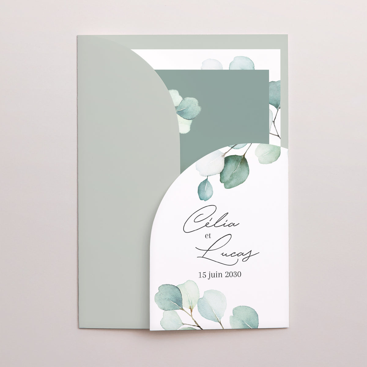 Faire-part Mariage Pochette 2 cartes Feuilles d'Eucalyptus photo