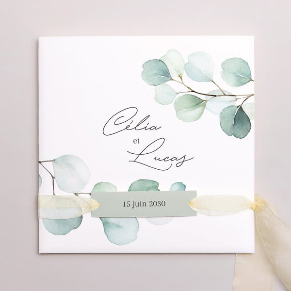 Faire-part Mariage Pochette carrée, 3 cartes, étiquette Feuilles d'Eucalyptus photo