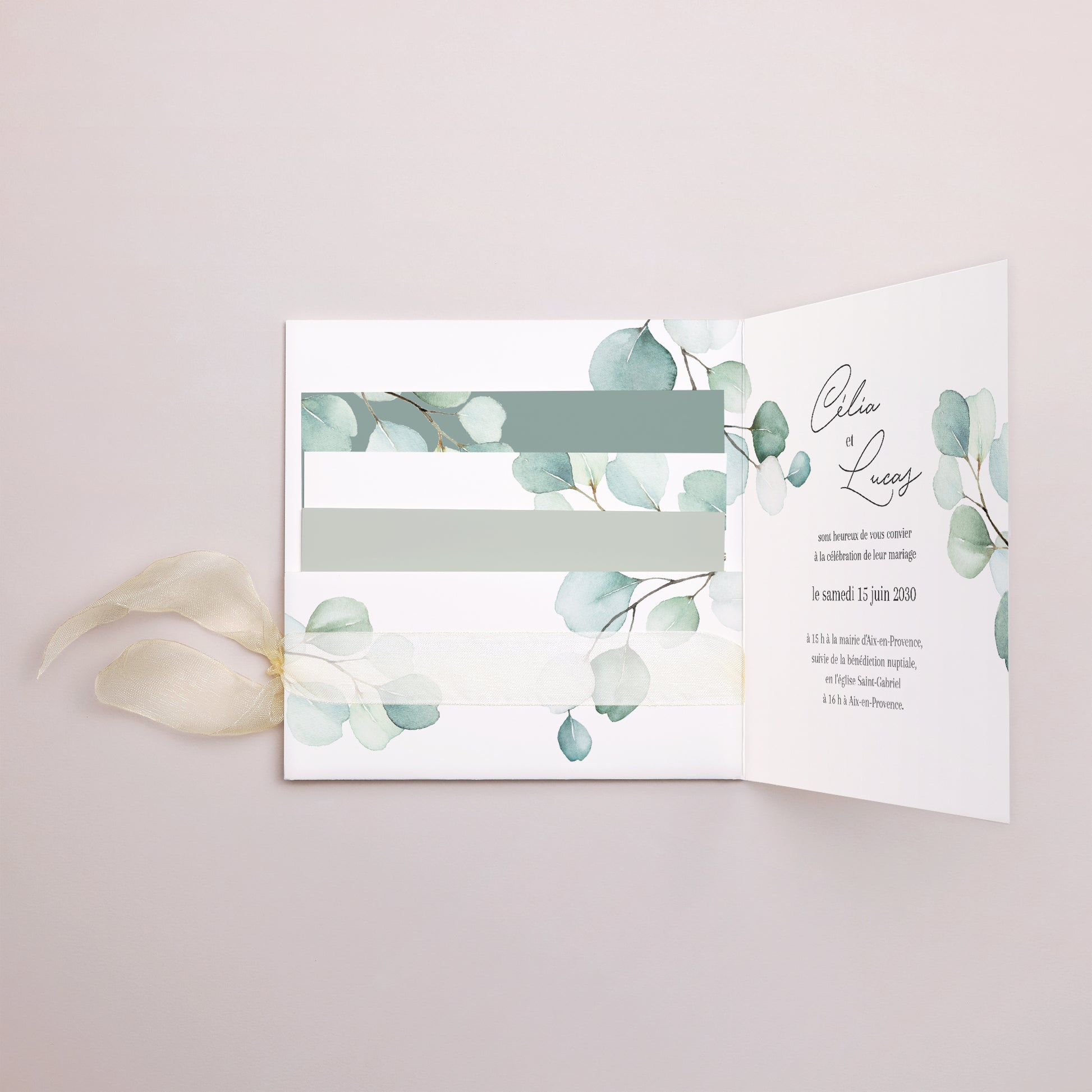 Faire-part Mariage Pochette carrée, 3 cartes, étiquette Feuilles d'eucalyptus photo N° 3