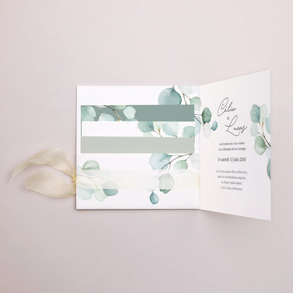 Faire-part Mariage Pochette carrée, 3 cartes, étiquette Feuilles d'eucalyptus photo N° 3