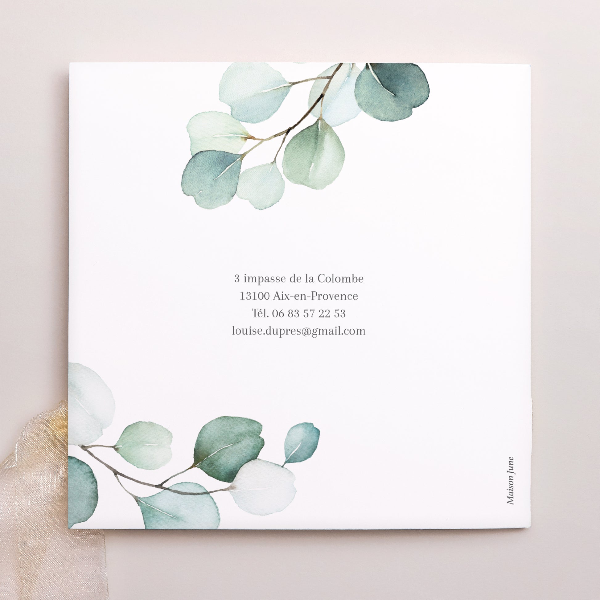 Faire-part Mariage Pochette carrée, 3 cartes, étiquette Feuilles d'Eucalyptus photo N° 4