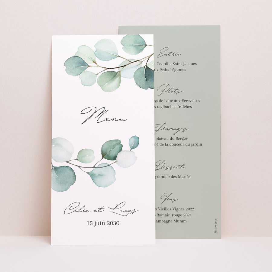 Menu Mariage Panoramique portrait Feuilles d'eucalyptus photo