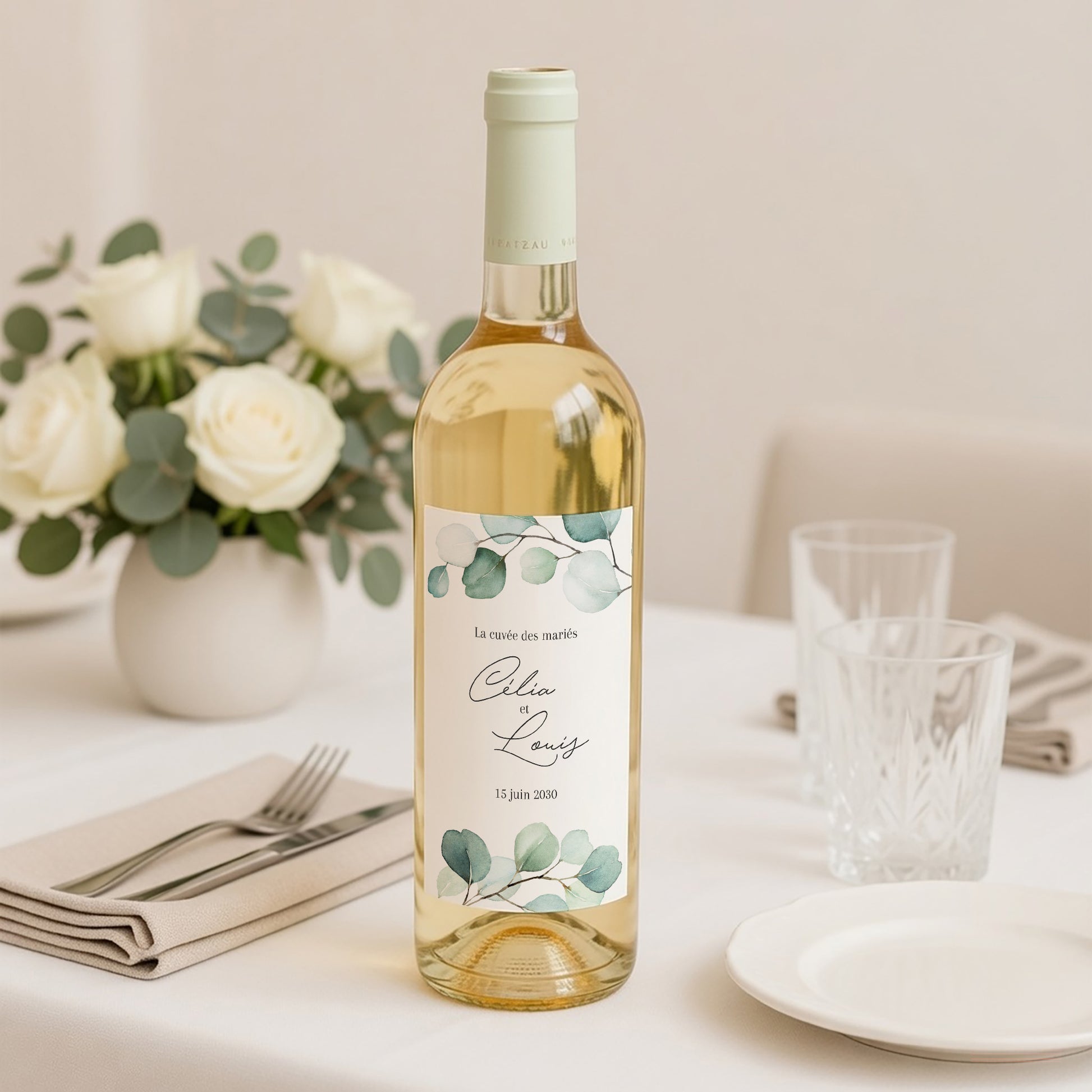 Etiquette bouteille Mariage Portrait Feuilles d'Eucalyptus photo N° 2