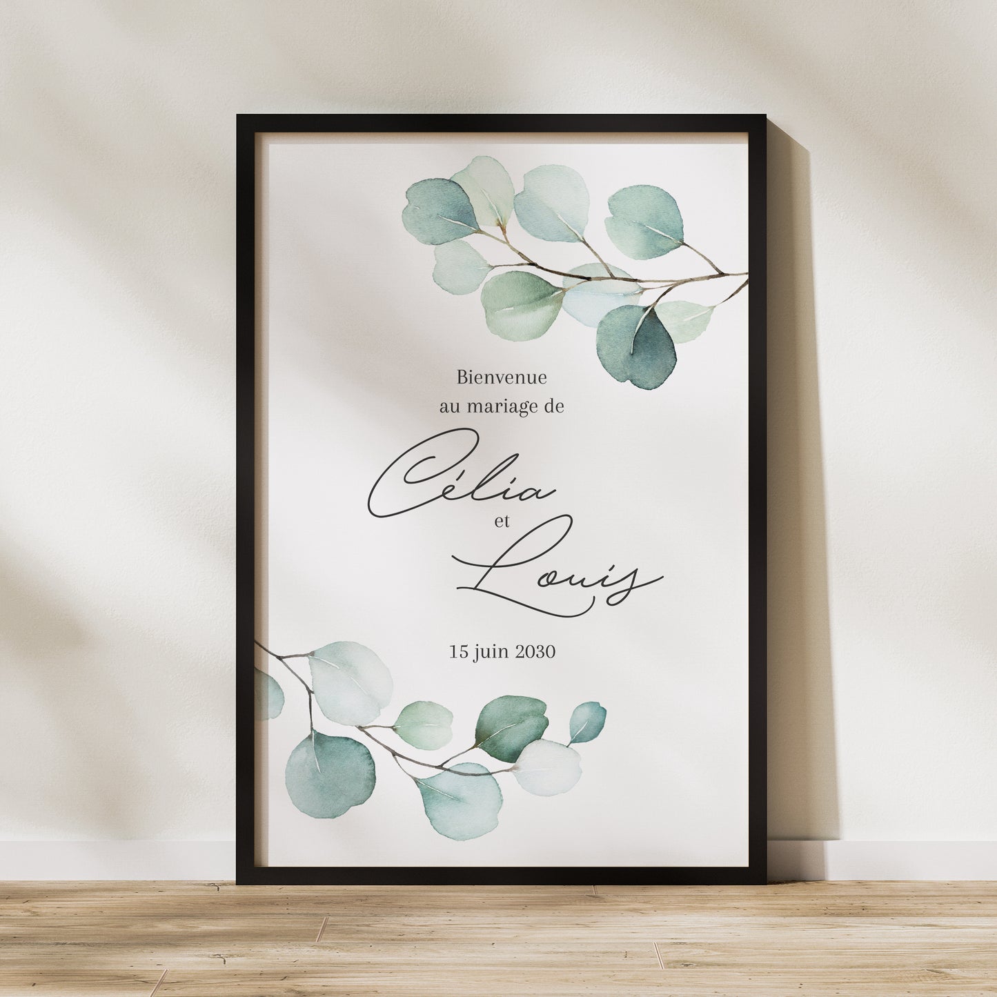 Panneau bienvenue Mariage Portrait 60 x 90 cm Feuilles d'eucalyptus photo N° 1