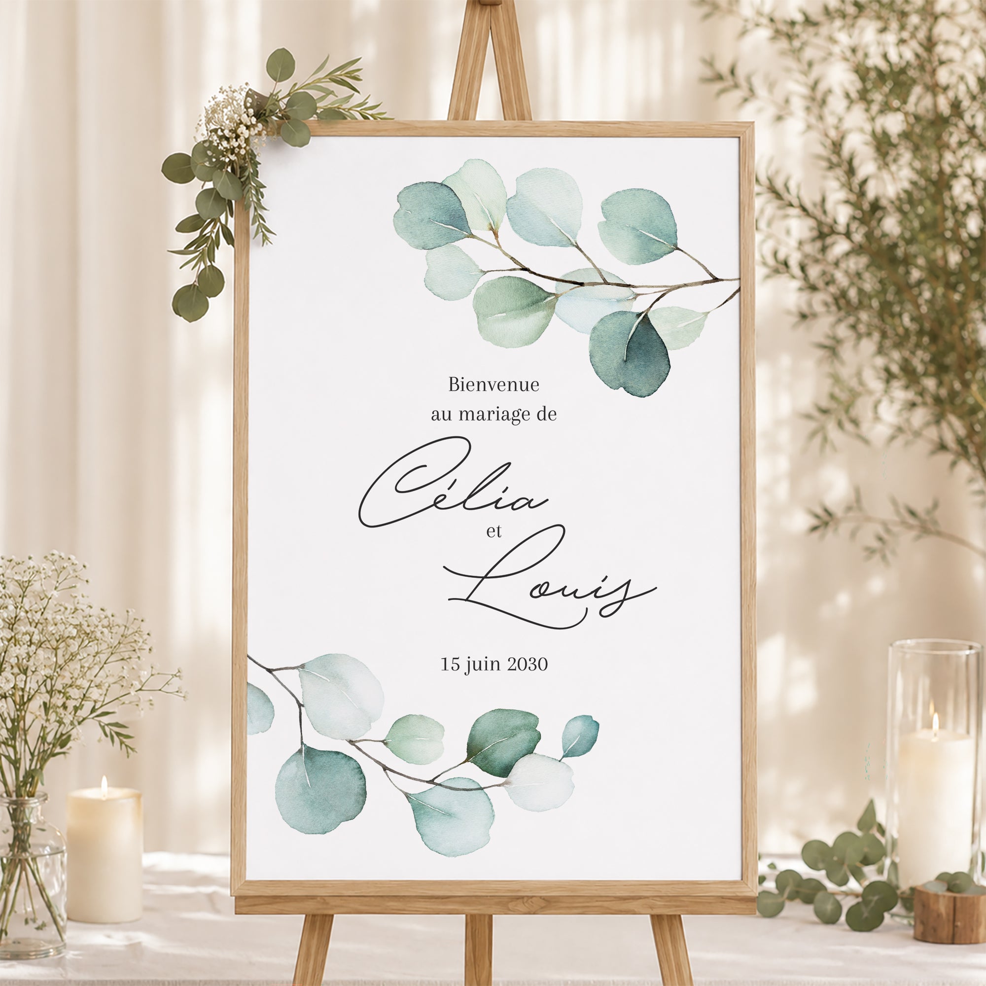 Panneau bienvenue Mariage Portrait 60 x 90 cm Feuilles d'Eucalyptus photo N° 1