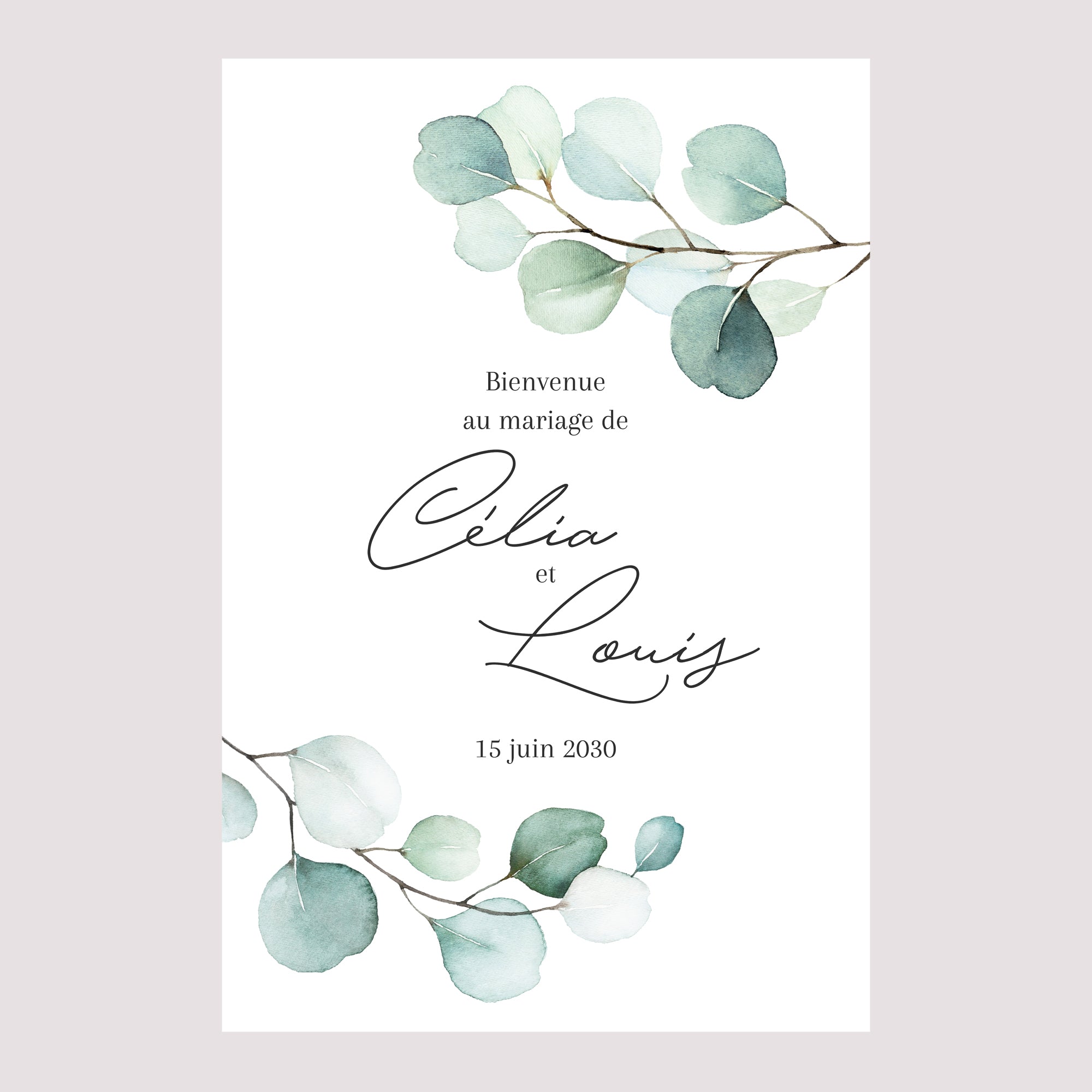 Panneau bienvenue Mariage Portrait 60 x 90 cm Feuilles d'Eucalyptus photo N° 2