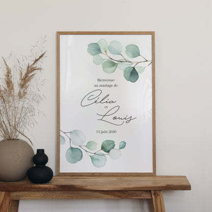 Panneau bienvenue Mariage Portrait 60 x 90 cm Feuilles d'eucalyptus photo N° 2