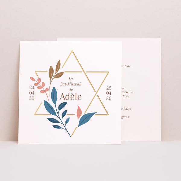 Faire-part Bat Mitzvah Simple carré Bat Mitzvah florale photo