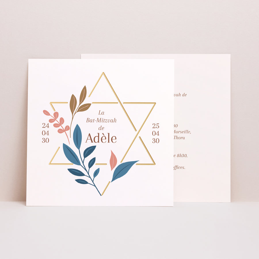 Faire-part Bat Mitzvah Simple carré Bat Mitzvah florale photo