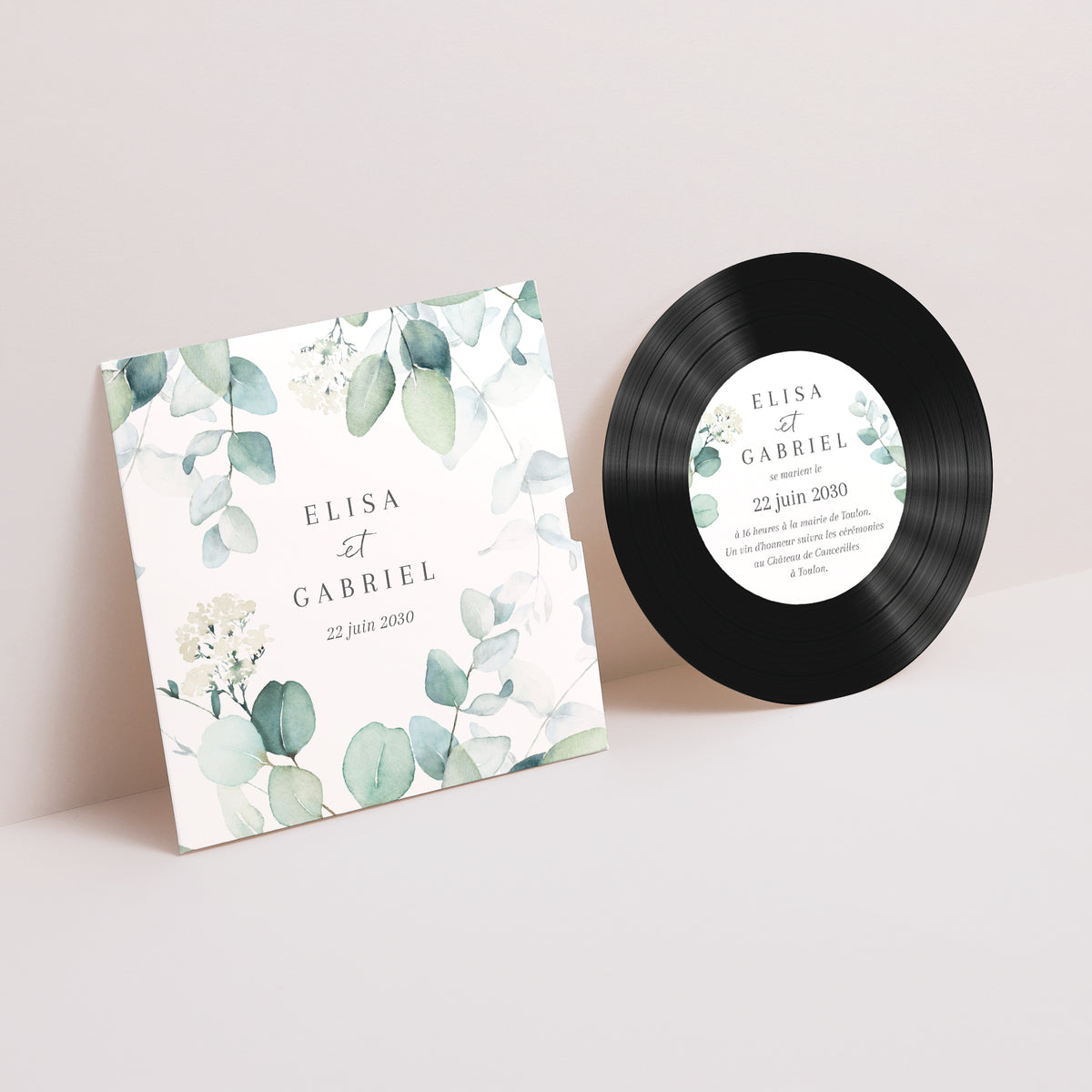 Faire-part Mariage Pochette disque Eucalyptus watercolor photo