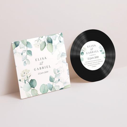 Faire-part Mariage Pochette disque Eucalyptus watercolor photo
