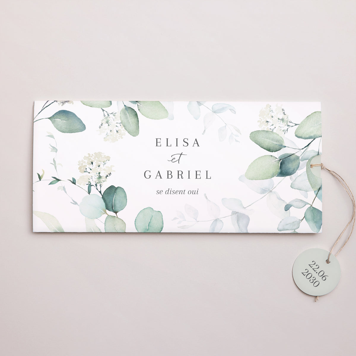 Faire-part Mariage Pochette 2 cartes, étiquette Eucalyptus watercolor photo