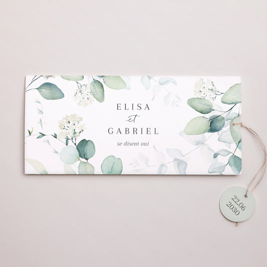 Faire-part Mariage Pochette 2 cartes, étiquette Eucalyptus watercolor photo