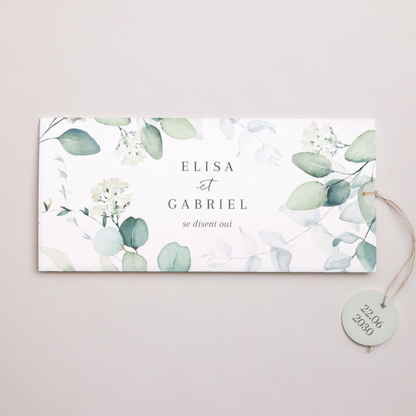 Faire-part Mariage Pochette 2 cartes, étiquette Eucalyptus watercolor photo