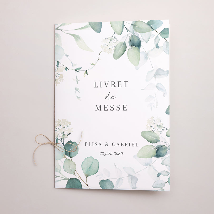 Livret de messe Mariage Double volet Eucalyptus watercolor photo
