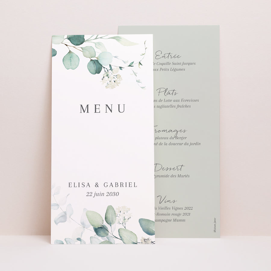 Menu Mariage Panoramique portrait Eucalyptus watercolor photo