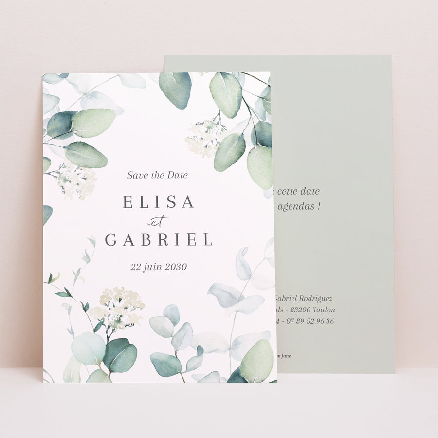 Save the date Mariage Portrait Eucalyptus watercolor photo