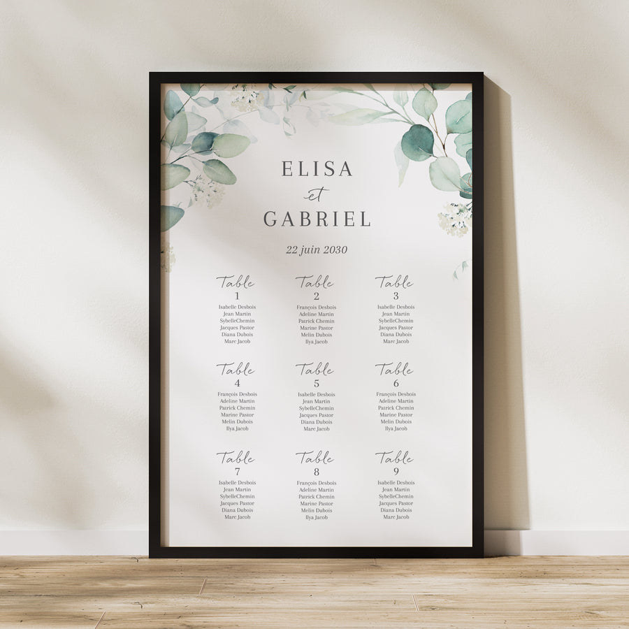 Plan de table Mariage Portrait 60 x 90 cm Eucalyptus watercolor photo