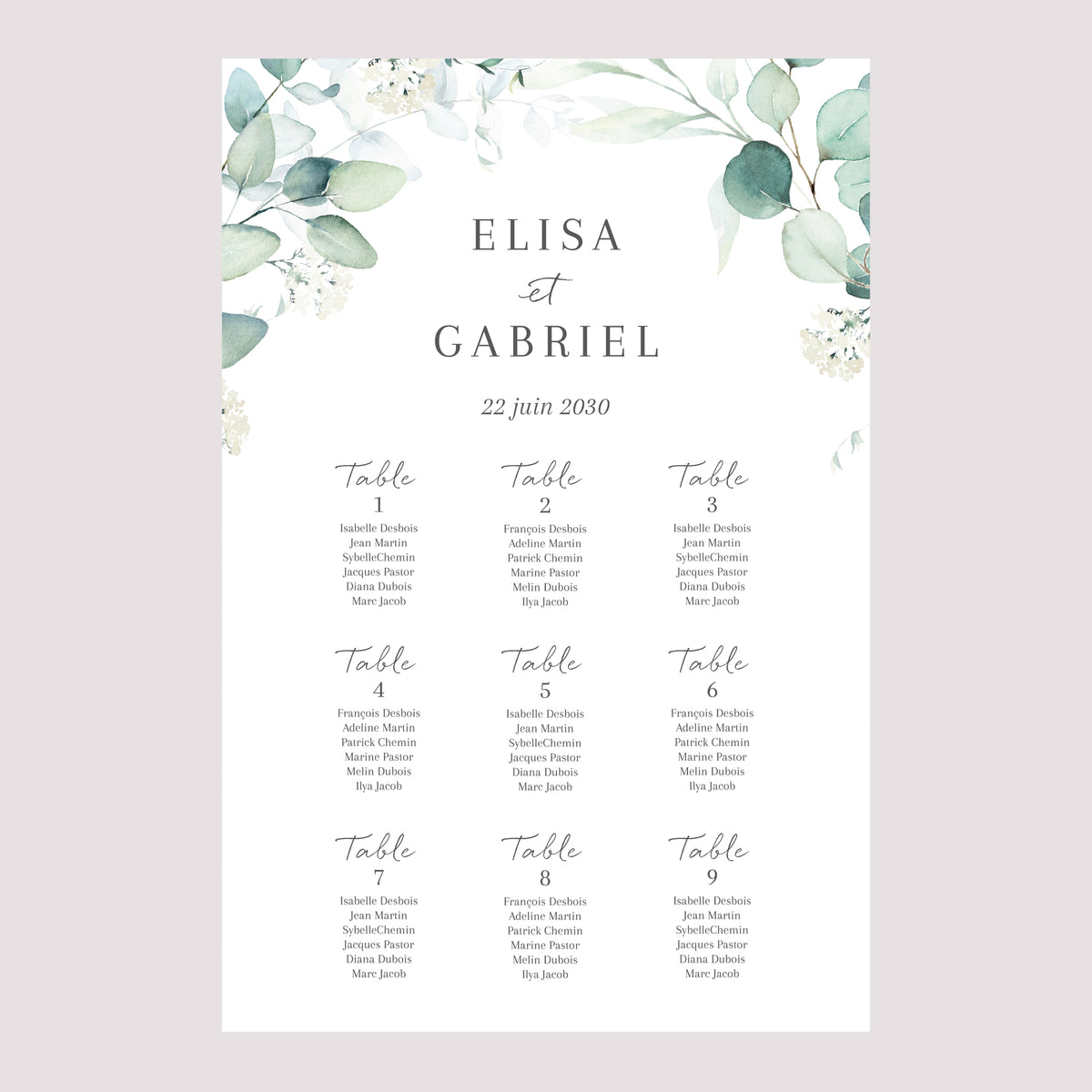 Plan de table Mariage Portrait 60 x 90 cm Eucalyptus watercolor photo N° 2