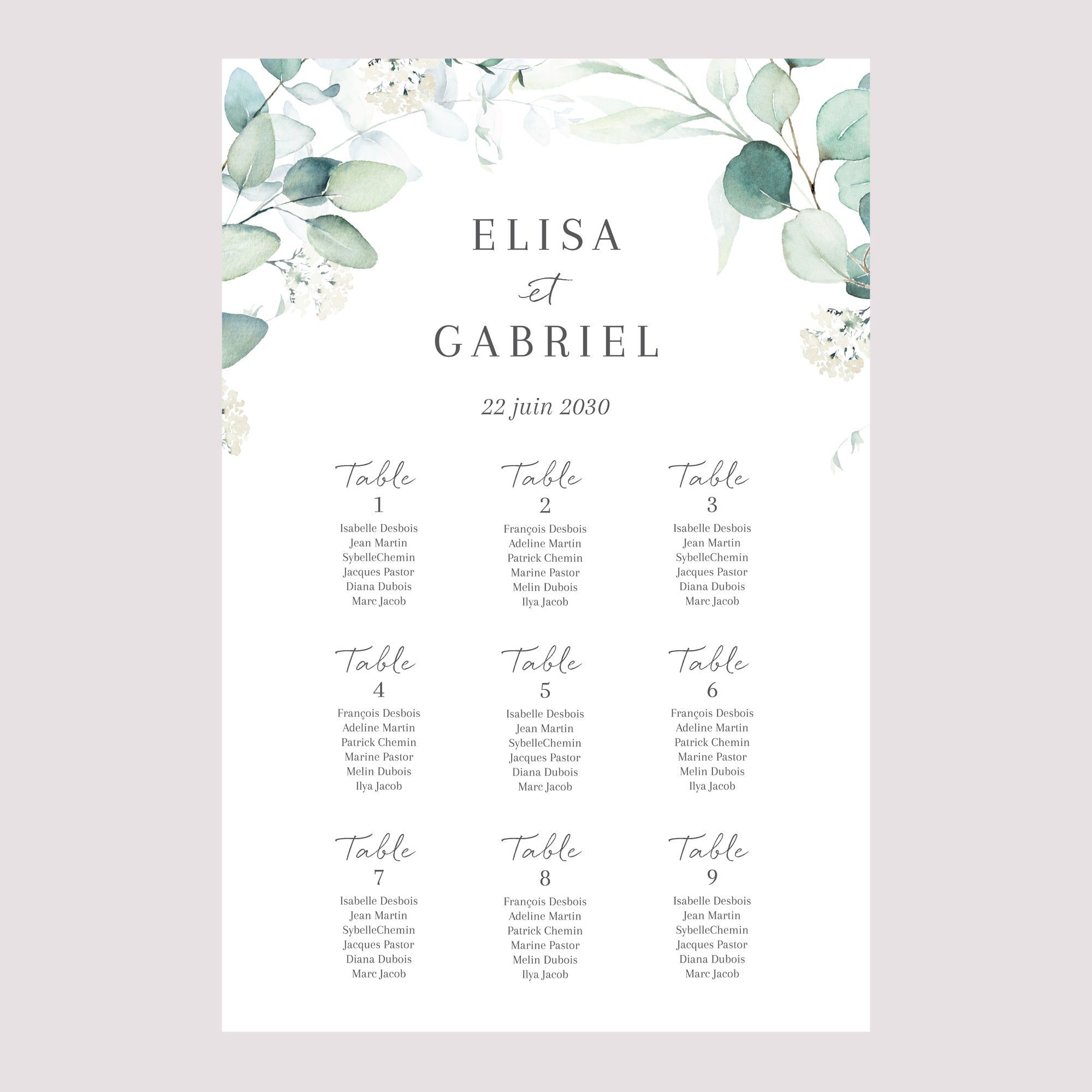Plan de table Mariage Portrait 60 x 90 cm Eucalyptus watercolor photo N° 2