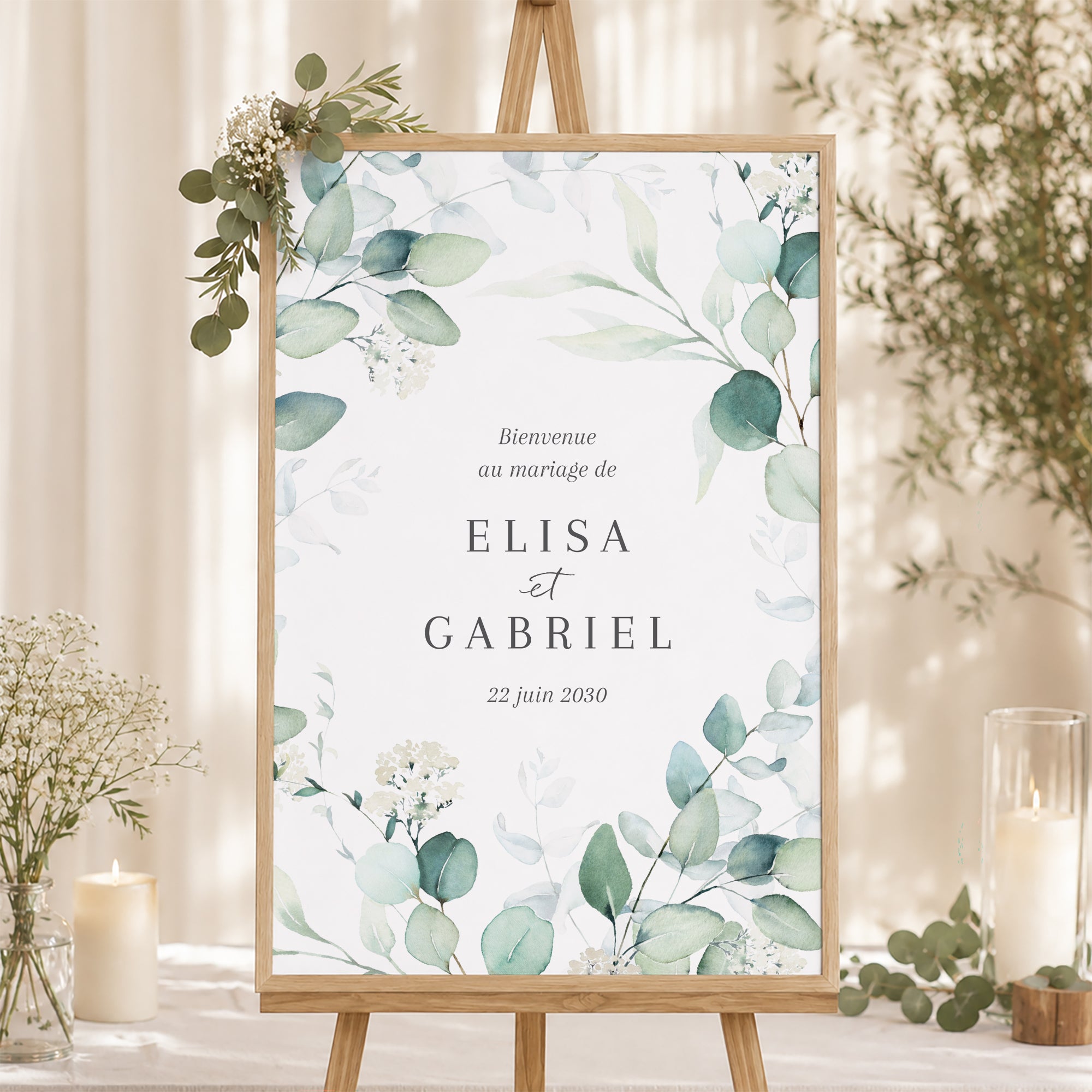 Panneau bienvenue Mariage Portrait 60 x 90 cm Eucalyptus watercolor photo N° 1