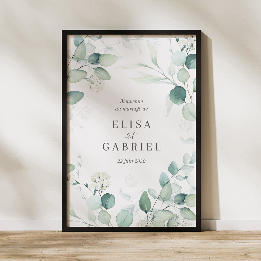 Panneau bienvenue Mariage Portrait 60 x 90 cm Eucalyptus watercolor photo