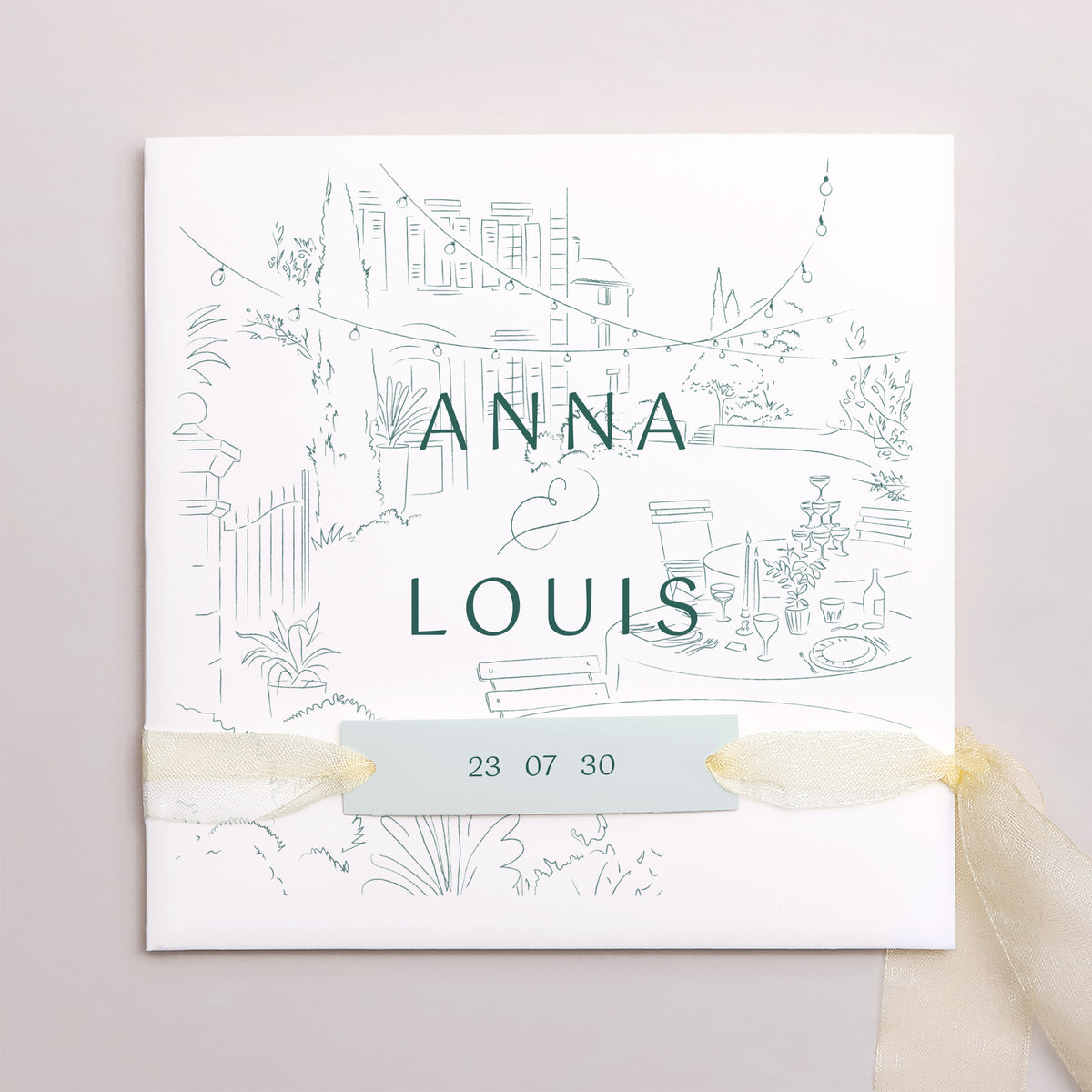 Faire-part Mariage Pochette carrée, 3 cartes, étiquette Le domaine des Lumières photo