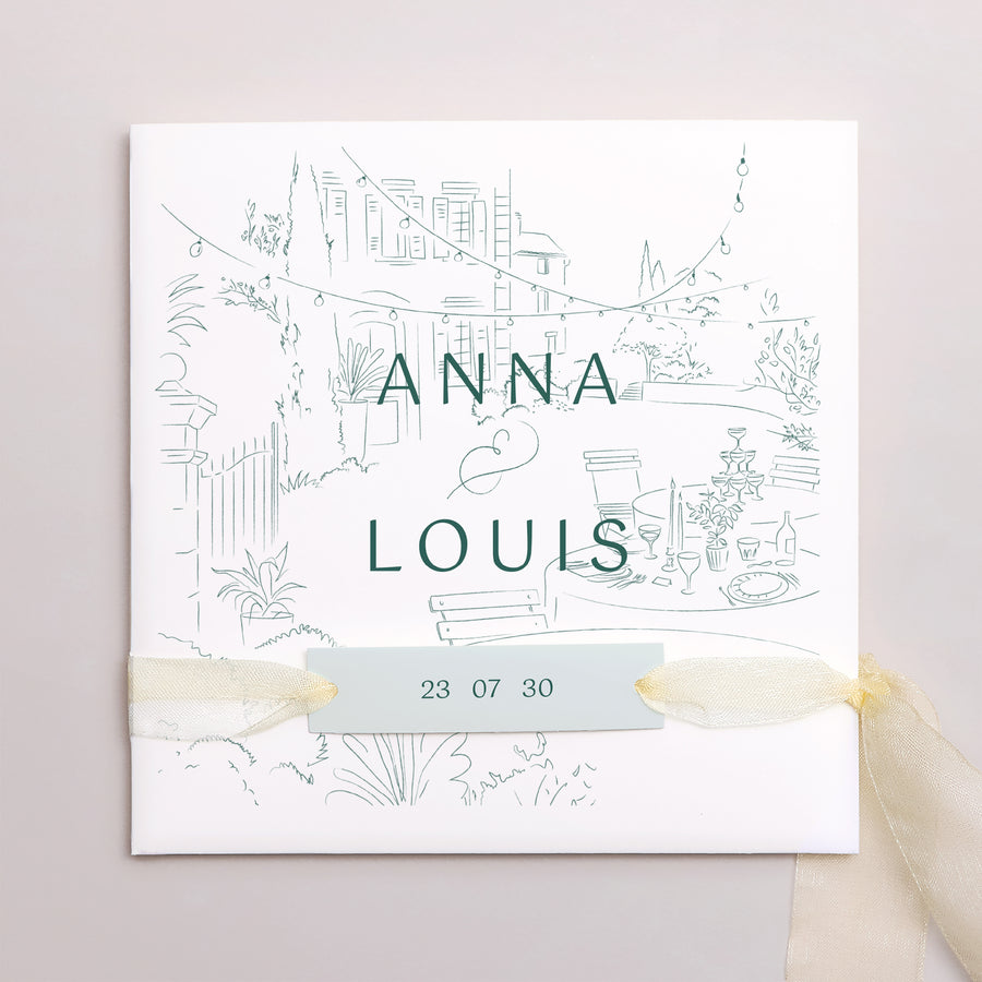 Faire-part Mariage Pochette carrée, 3 cartes, étiquette Le domaine des Lumières photo