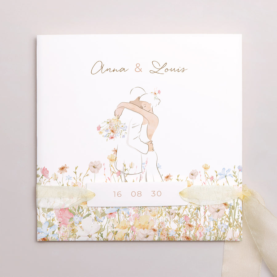 Faire-part Mariage Pochette carrée, 3 cartes, étiquette Amour champêtre photo